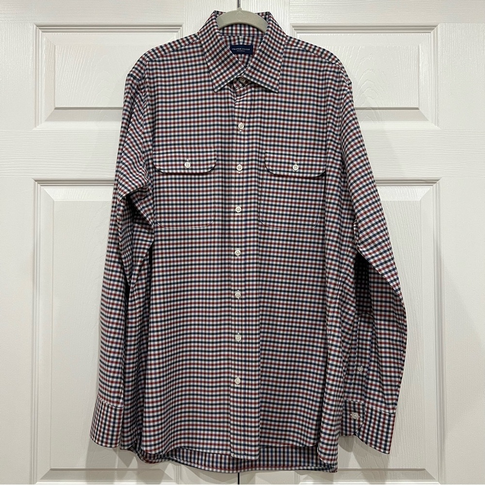PROPER CLOTH Performance Red Blue Gingham Pocket Casual Button Down Mens Size XL